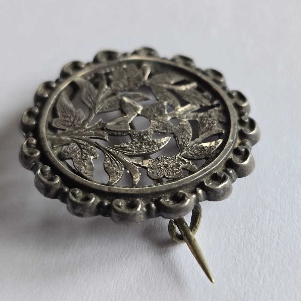 Antique floral brooch Victorian flowers silver tone cutout vintage old pin